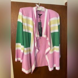 Misook Pink, Green & White Striped Open-Front Cardigan